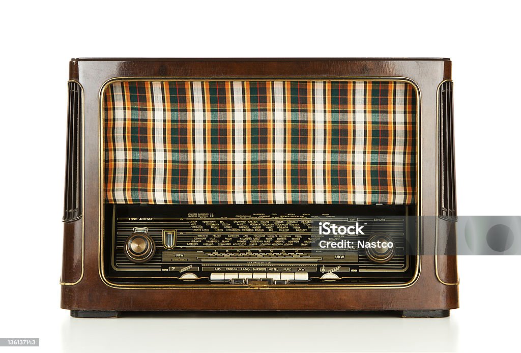 Old radio Vintage wooden radio isolated on white background 1940 Stock Photo