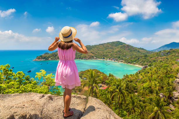 Woman and Aerial view of Koh Tao Woman traveler wearing pink dress and straw hat at viewpoint with Panoramic aerial view of Koh Tao island, Thailand koh tao stock pictures, royalty-free photos & images