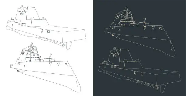 Vector illustration of Modern stealth warship sketches