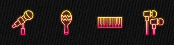Vector illustration of Set line Music synthesizer, Microphone, Maracas and Air headphones. Glowing neon icon. Vector