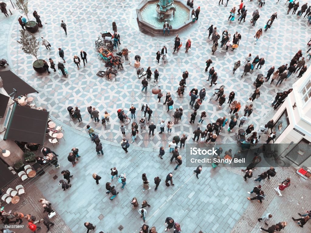 Downtown Copenhagen A bird’s eye view of a busy street People Stock Photo