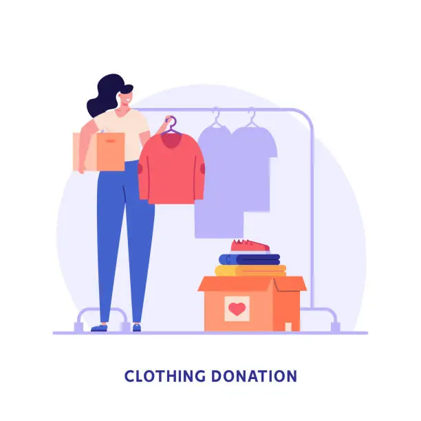 Vector illustration of Woman collecting sweater in donation box. Girl holding donation clothes for poor people. Concept of clothing donations, volunteer help, donate clothes. Charity campaign vector flat illustration