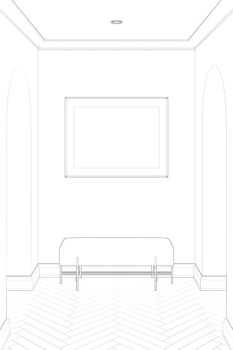 3d illustration. Sketch of a сozy modern hall with a picture and a chair