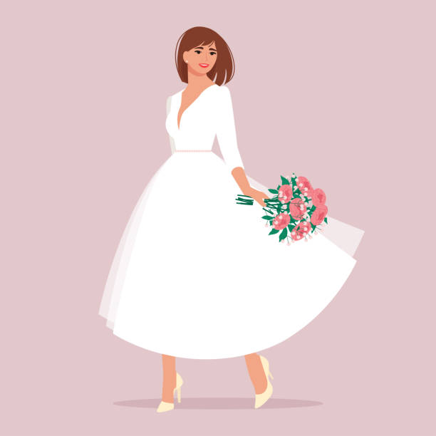 ilustrações, clipart, desenhos animados e ícones de mulher noiva em vestido branco com buquê. ilustração vetorial em estilo plano - bride women wedding flower