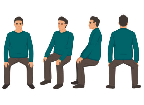 isolated carton man sitting, front side and back view vector art illustration