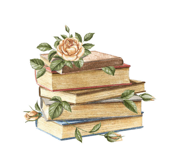 illustrazioni stock, clip art, cartoni animati e icone di tendenza di pila di libri vintage ad acquerello con rose - old book illustrations