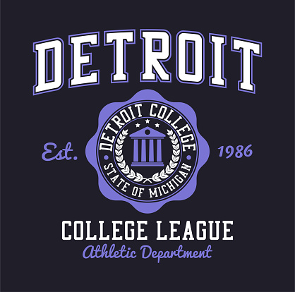 Detroit, Michigan t-shirt design. Typography graphics for college tee shirt. Detroit college, varsity style apparel print. Vector illustration.