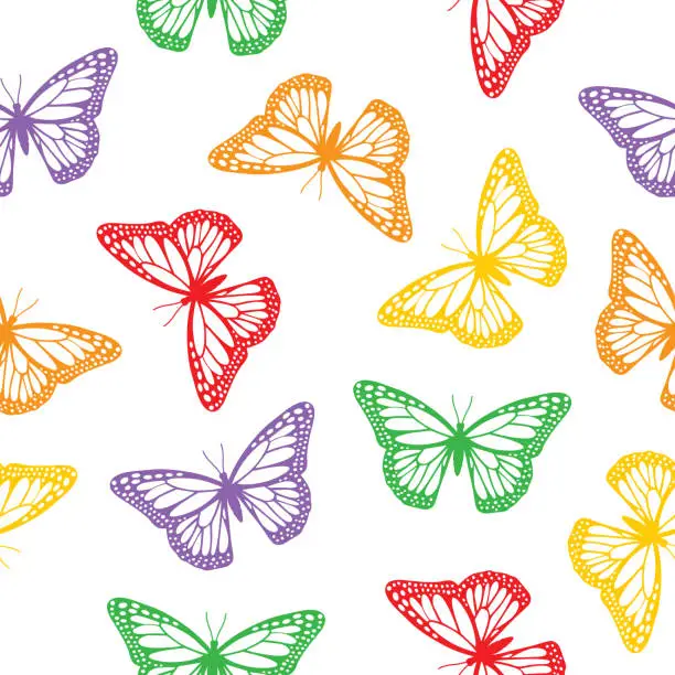 Vector illustration of Colorful Monarch Butterflies White Background Seamless Pattern