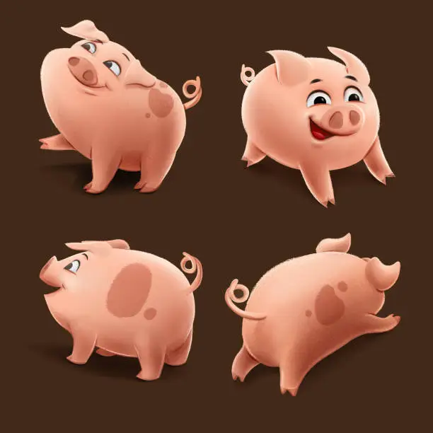 Vector illustration of set of cartoon pigs for farm graphics