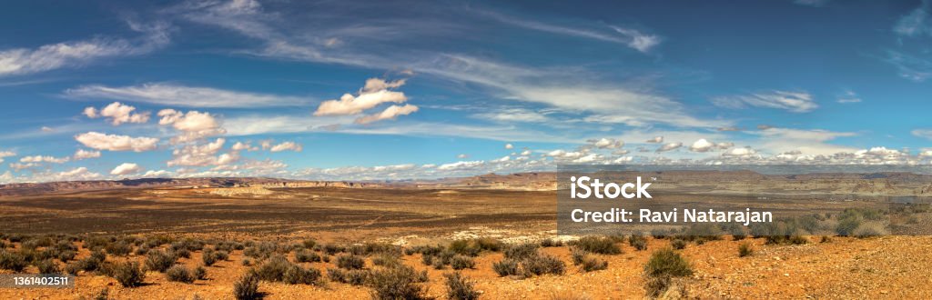Panoramic view of the distant hills and beautiful cloudscape on the desert, Wahweap lookout, Page, AZ Desert Area Stock Photo