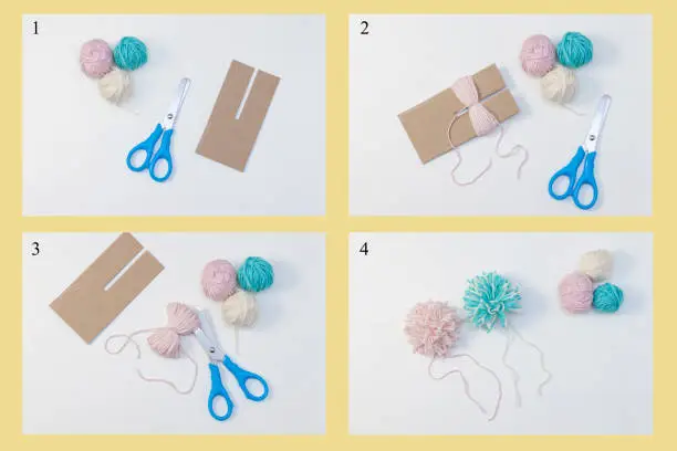 handmade pompom instruction. Step by step. DIY concept for children.