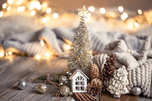 istock Christmas composition with decor details on blurred background with bokeh. 1361406981