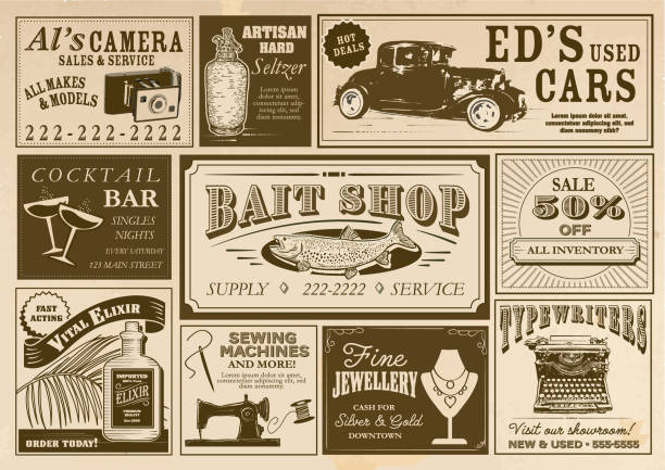 ilustrações de stock, clip art, desenhos animados e ícones de set of vintage or old fashioned worn newspaper advertisement section layout design template - vintage vehicle