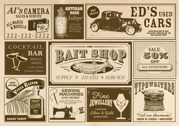 Set of Vintage or old fashioned worn Newspaper advertisement section layout design template Vector illustration of old newspaper advertisement page. Includes several types of ads, car dealership sales, seltzer, bait shop, cocktail bar, elixir, sewing machine, typewriters, sales and jewelry etc. Fully editable eps 10. retro typewriter stock illustrations