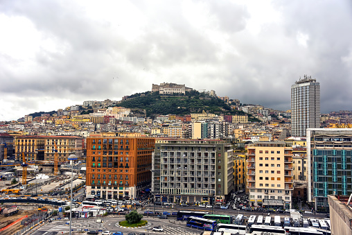 View of Naples, Italy from the harbor, with Castel Sant Elmo on top