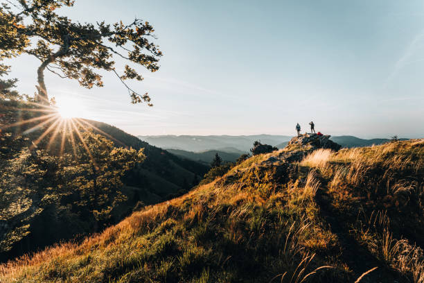 istock Hikers relax on grassy mountain ridge 1361410987
