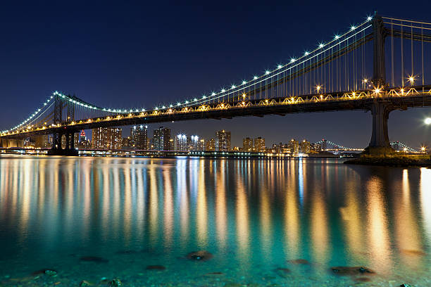 Manhattan Bridge with reflection of Manhattan skyline in East River.  Williamsburg Bridge in the background.