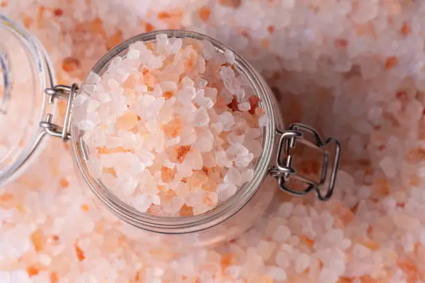 Pink Himalayan salt crystals, food concept photo.