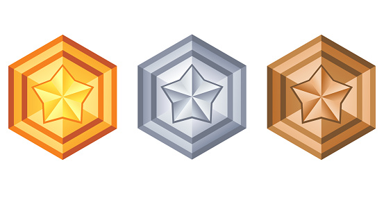 Vector hexagon shape gold, silver, Bronze, medals. Collection medal design for game.
