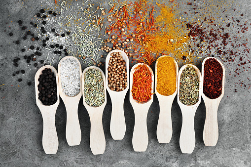 Colorful mix of herb and spice varieties: curry, coriander, turmeric, cumin, paprika, pepper, mustard, salt, thyme, cardamon, oregano, saffron, cinnamon; food ingridients background