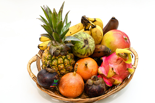 Tropical fruit: Annona, pitaya, mangistano, grandilla, pineapple, banana, red banana