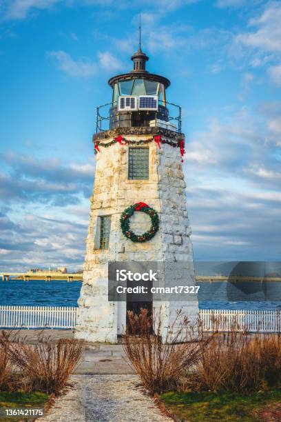 The Newport Harbor Lighthousegoat Island Light Stock Photo - Download Image Now - Christmas, Lighthouse, Goat Island