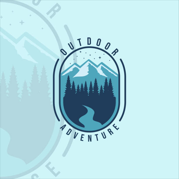 ilustrações de stock, clip art, desenhos animados e ícones de mountain and pines  vintage vector illustration template icon graphic design. adventure outdoor at night forest with retro badge and typography - international wildlife conservation park