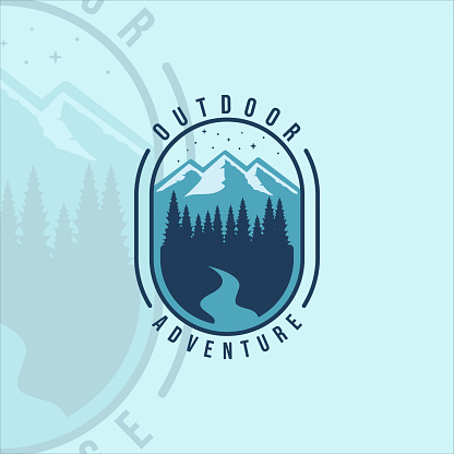 mountain and pines  vintage vector illustration template icon graphic design. adventure outdoor at night forest with retro badge and typography