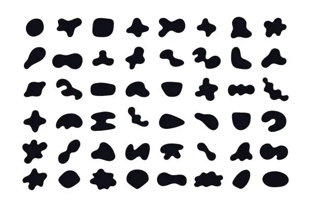 Vector illustration of Random black abstract shapes. Set of organic blobs of irregular shape. Simple blotch, inkblot. Vector illustration isolated on white backgound