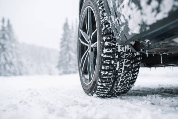 Close Up Of Car Tyre On Snowy Road stock photo