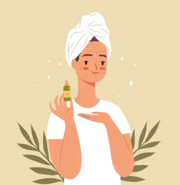 Vector illustration of Girl showing a cosmetic product in hand. Facecare cosmetic concept. Caucasian woman in towel. Beauty product ad.