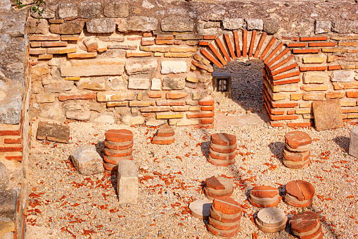 View of remains hypocaust, the heating system in the thermae ruins of the ancient Roman Odessos, in the city of Varna, on the Black Sea coast of Bulgaria