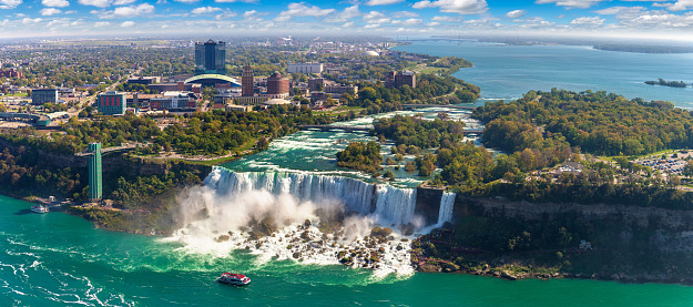Panorama of  aerial view of Canadian side view of Niagara Falls, American Falls and Observation Tower in Niagara Falls, Ontario, Canada