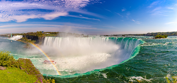 Niagara Falls, Ontario, Canada - June 17, 2023: Tour boat or small boats carrying passengers in the Niagara River. The ride is a tourist attraction