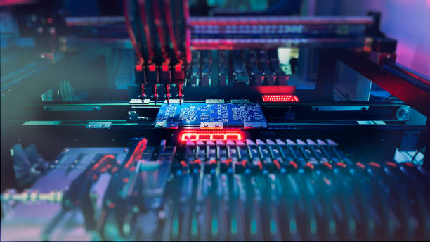 istock Using of semiconductors for assembly of computer chips and motherboards on robotic AI equipment 1361432308