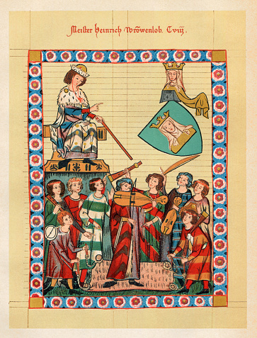 Troubadour and minstrel Meister Heinrich Frauenlob - Heinrich von Meissen ( Codex Manesse in Heidelberg )
Zürich, ca. 1300 -1340
Heinrich Frauenlob ( between 1250 and 1260 - 29 November 1318 ), sometimes known as Henry of Meissen (Heinrich von Meißen), was a Middle High German poet, a representative of both the Sangspruchdichtung and Minnesang genres. He was one of the most celebrated poets of the late medieval period, venerated and imitated well into the 15th century.
Original edition from my own archives
Source : 1891 Velhagen Monatsheft
