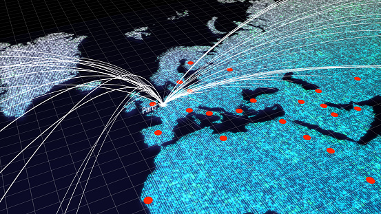 Global connectivity from Paris, France to other major cities around the world. Technology and network connection, trading and traveling concept. World map element of this clip furnished by NASA.