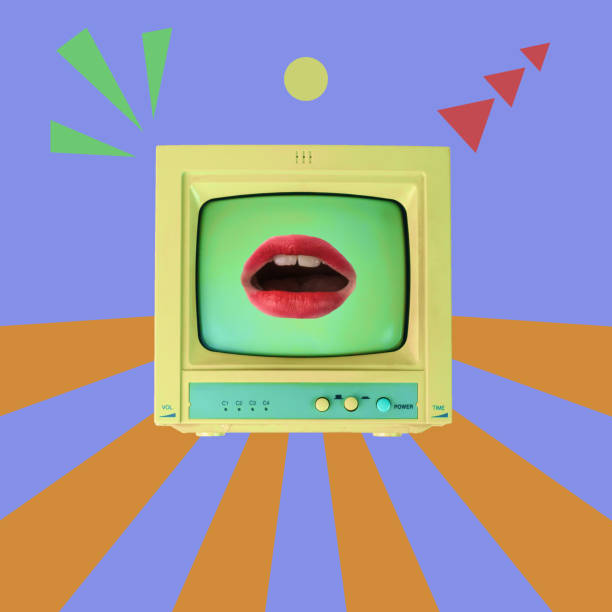 istock Modern art collage. Retro TV with red lips on an abstract background. 1361440530