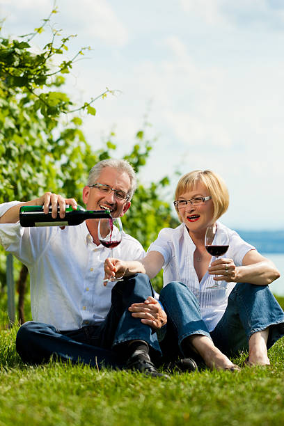 istock Happy couple drinking wine at lake in summer 136144278