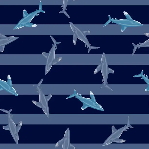 Vector illustration of Oceanic whitetip shark seamless pattern in scandinavian style. Marine animals background. Vector illustration for children funny textile.