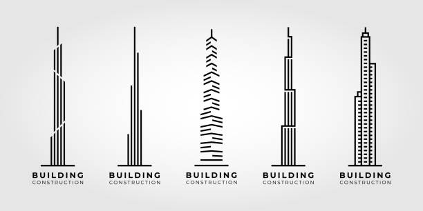 illustrazioni stock, clip art, cartoni animati e icone di tendenza di edifici line art icon set vettoriale. edificio per uffici, appartamento, casa, area commerciale illustrazione design. - burj khalifa