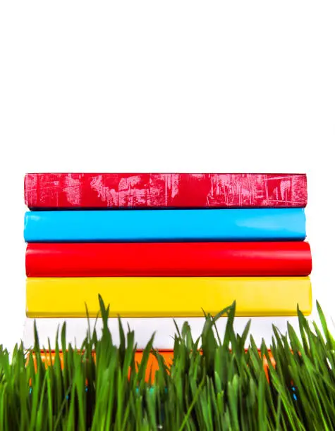 Pile of the Books on the Fresh Grass on the White Background Closeup