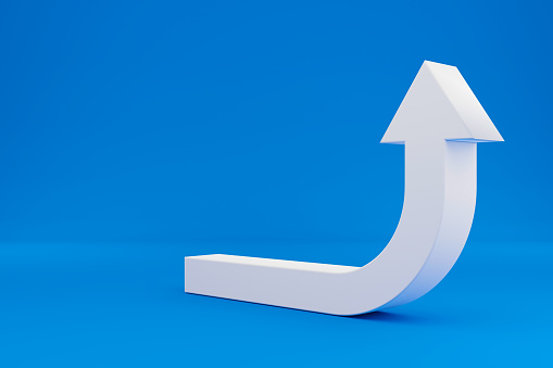 Arrow sign growth moving up on blue background. Business development to success and growing annual revenue growth concept. 3d illustration