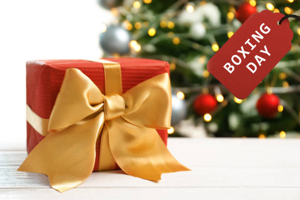 istock Gift and tag with text Boxing Day against Christmas tree 1361456997