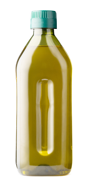 Olive oil bottle isolated on white background, close up