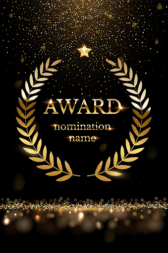 Winner nomination award with gold laurel vector illustration. Luxury reward or certificate poster with wreath, stars and golden falling glitter confetti decoration and glow light effect background