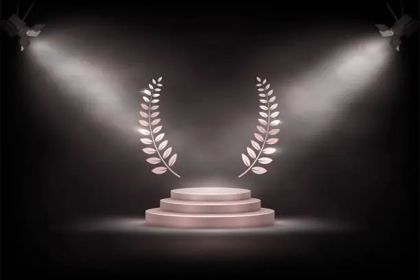 Vector illustration of 3d podium, round platform stage and spotlights vector illustration. Empty realistic pedestal with laurel wreath for product, award for winner in ceremony show event or modern showcase room background.