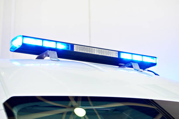 istock Blue flashing lights on roof car 1361464614