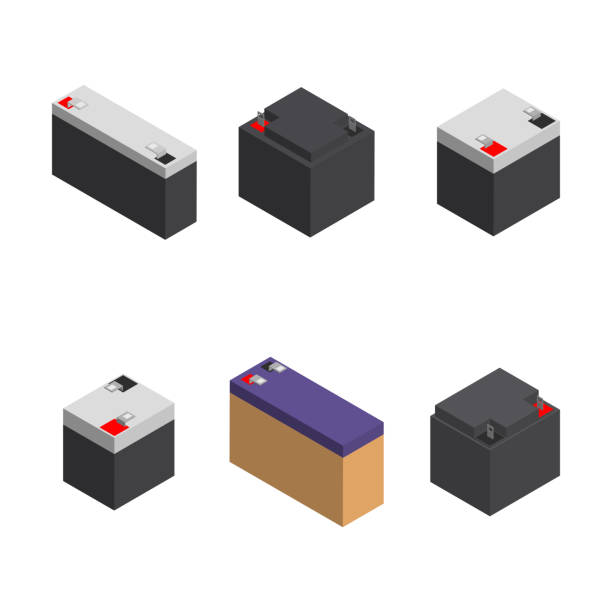Set of different rechargeable batteries, 3D vector illustration. Set of various rechargeable batteries for an uninterruptible power supply. Flat 3D isometric style, vector illustration. ups power supply stock illustrations