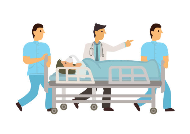 illustrations, cliparts, dessins animés et icônes de les infirmières et les ambulanciers paramédicaux poussent gurney ou civière avec un patient blessé à la salle d’opération - emergency room illustrations